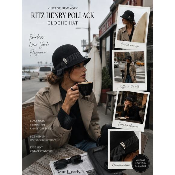Vintage Ritz Henry Pollack Black Wool Cloche Hat Rhinestone Ribbon New York M